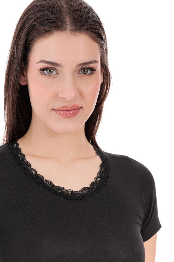 BAMBOO WOMAN T-SHIRT VEST WITH LACE SHORT SLEEVES V-NECK