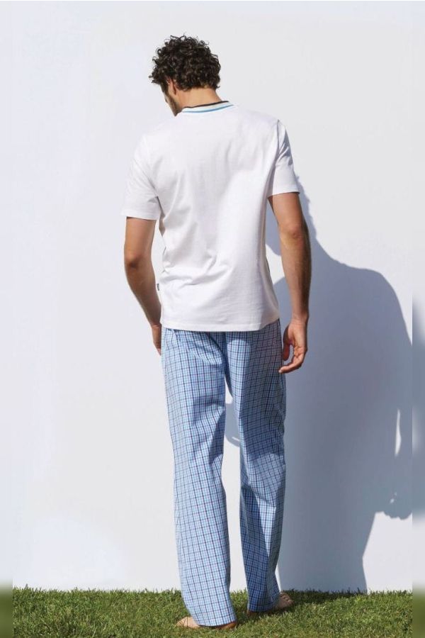 PJ EUCALIPTO MAN COTTON LONG PYJAMAS WITH WOVEN VICHY PANTS OPEN LEG SHORT SLEEVE V-NECK WITH POCKET
