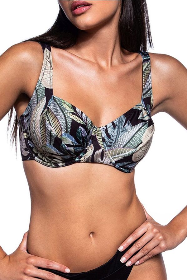 BEYOND CHIC ΓΥΝΑΙΚΕΙΟ ΜΑΓΙΟ BIKINI TOP CUP E ΜΕ TROPICAL ΤΥΠΩΜΑ ΡΥΘΜΙΖΟΜΕΝΕΣ ΤΙΡΑΝΤΕΣ ΜΠΑΝΕΛΑ ΧΩΡΙΣ ΕΝΙΣΧΥΣΗ