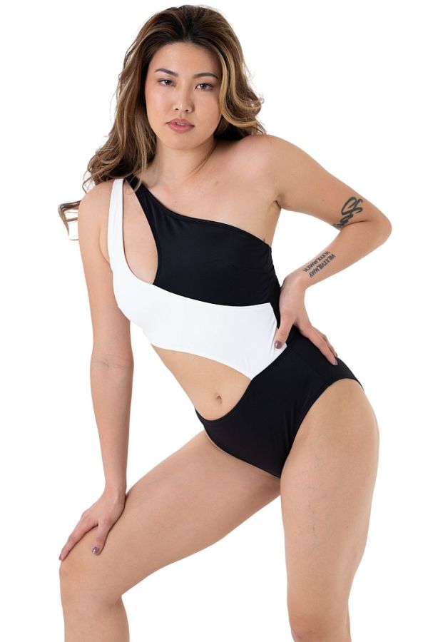 KOMAVE SWIMSUIT WOMAN ONE-PIECE ONE SHOULDER IN BLACK AND WHITE WITH REMOVABLE PADS WIRELESS AND DARING CUTS OUT