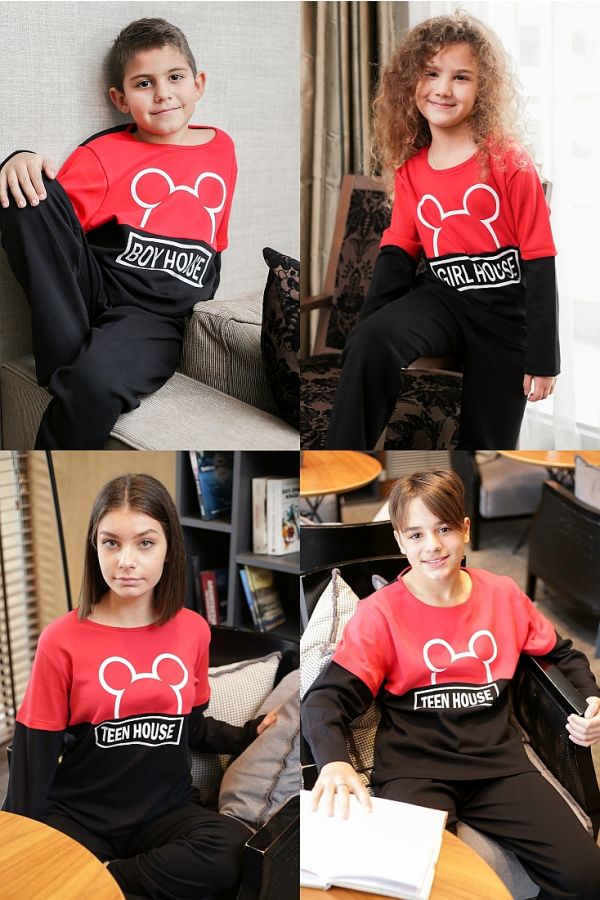 BOY KIDS COTTON PYJAMAS BOY HOUSE MOUSE EARS PRINT PATTERN AND OPEN LEGS