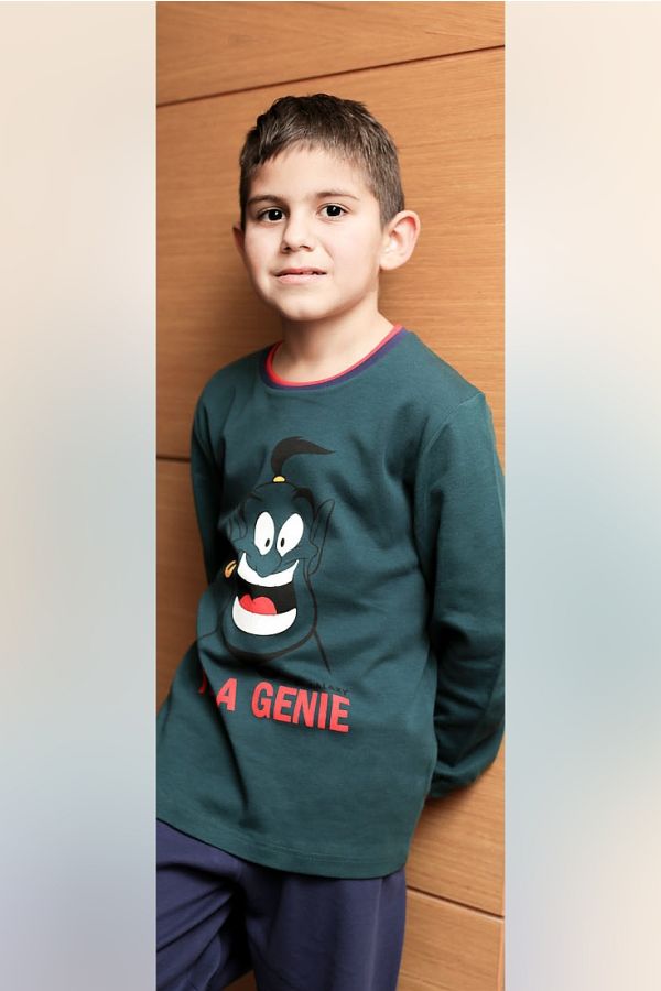 BOY KIDS COTTON PYJAMAS WITH "I AM A GENIE" PRINT PATTERN AND ANKLE CUFFED LEGS