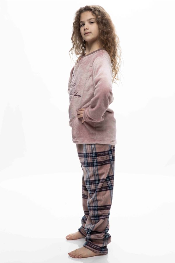 GIRL TEENS LONG FLEECE PYJAMAS WITH CHIC EMBROIDERY AND OPEN LEG TARTAN PANTS