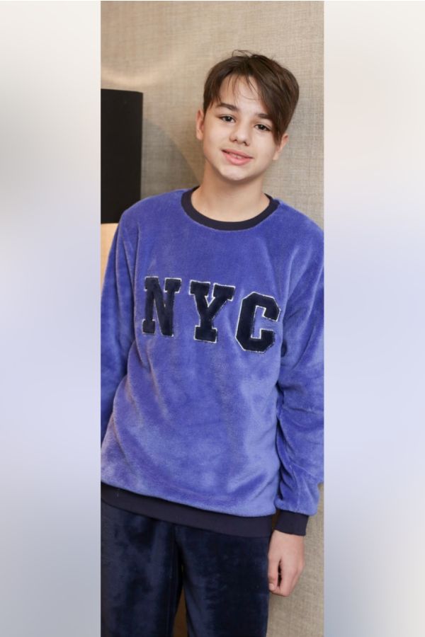 ΑΓΟΡΙΣΤΙΚΗ ΕΦΗΒΙΚΗ ΠΙΤΖΑΜΑ FLEECE ΜΕ ΚΕΝΤΗΜΑ "NYC" ΑΝΟΙΧΤΟ ΜΠΑΤΖΑΚΙ