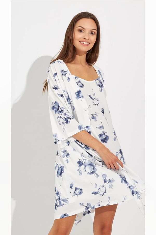 WOMΑN COTTON ROBE WITH FLORAL PATTERN CROSS OPENING AND 3/4 SLEEVES