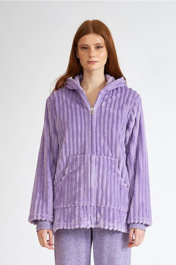 ΓΥΝΑΙΚΕΙΑ ΚΟΝΤΗ FLEECE ΡΟΜΠΑ ΛΙΛΑ ΜΕ ΦΕΡΜΟΥΑΡ ΚΟΥΚΟΥΛΑ ΚΑΙ ΤΣΕΠΕΣ