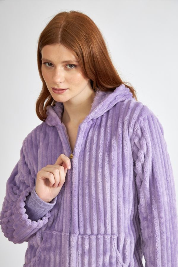 ΓΥΝΑΙΚΕΙΑ ΚΟΝΤΗ FLEECE ΡΟΜΠΑ ΛΙΛΑ ΜΕ ΦΕΡΜΟΥΑΡ ΚΟΥΚΟΥΛΑ ΚΑΙ ΤΣΕΠΕΣ