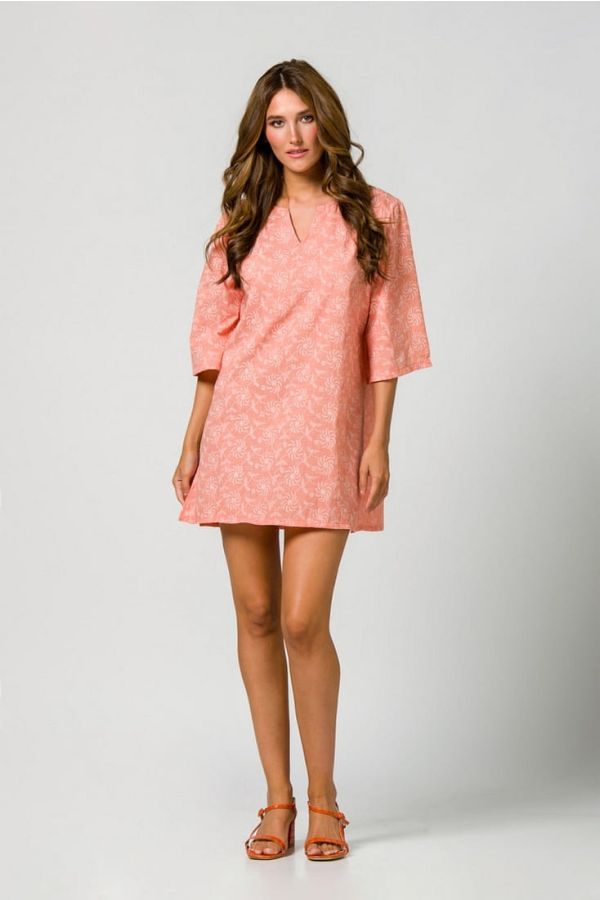 WOMAN COTTON TUNIC SHORT TO LEG V NECK 3/4 SLEEVES FLORAL PATTERN