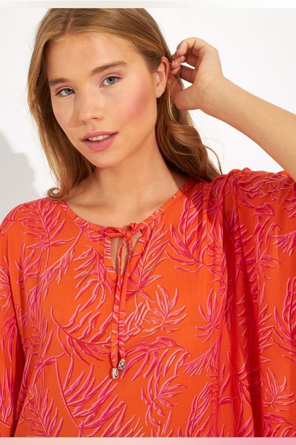 WOMΑN VISCOSE TUNIC TROPICAL PATTERN V-NECK AND BAT SLEEVES