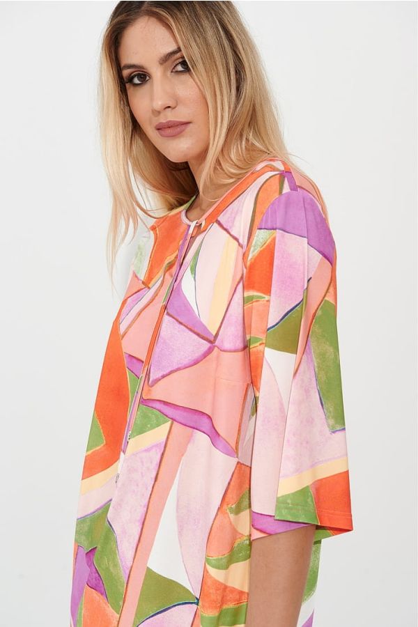 WOMΑN CAFTAN SOFT IN TOUCH WITH GEOMETRIC PATTERN V-NECK AND 3/4 SLEEVES