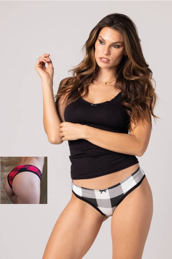 WOMAN COTTON SET OF PLAIN VEST WITH BIKINI KNICKER TARTAN PATTERN