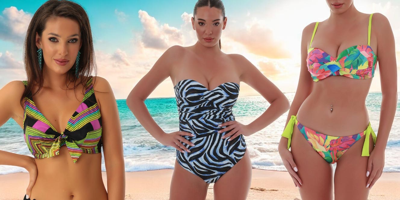 Τρεις γυναίκες με πολύχρωμα μαγιό – zebra print, φλοράλ και εξωτικά σχέδια σε παραλία με ηλιοβασίλεμα.